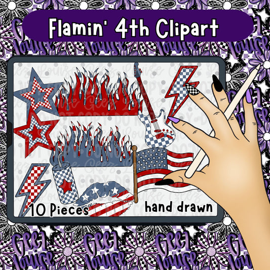 Flamin’ 4th Clipart Bundle PNG | Patriotic Fire Flame Graphics | Red White Blue Clipart Set | Hand Drawn 4th of July Elements