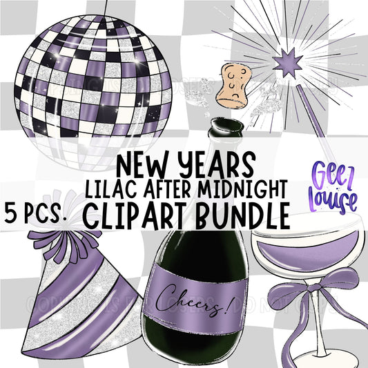 New Years Lilac After Midnight Clipart Bundle | 5 Purple & Silver PNG Graphics