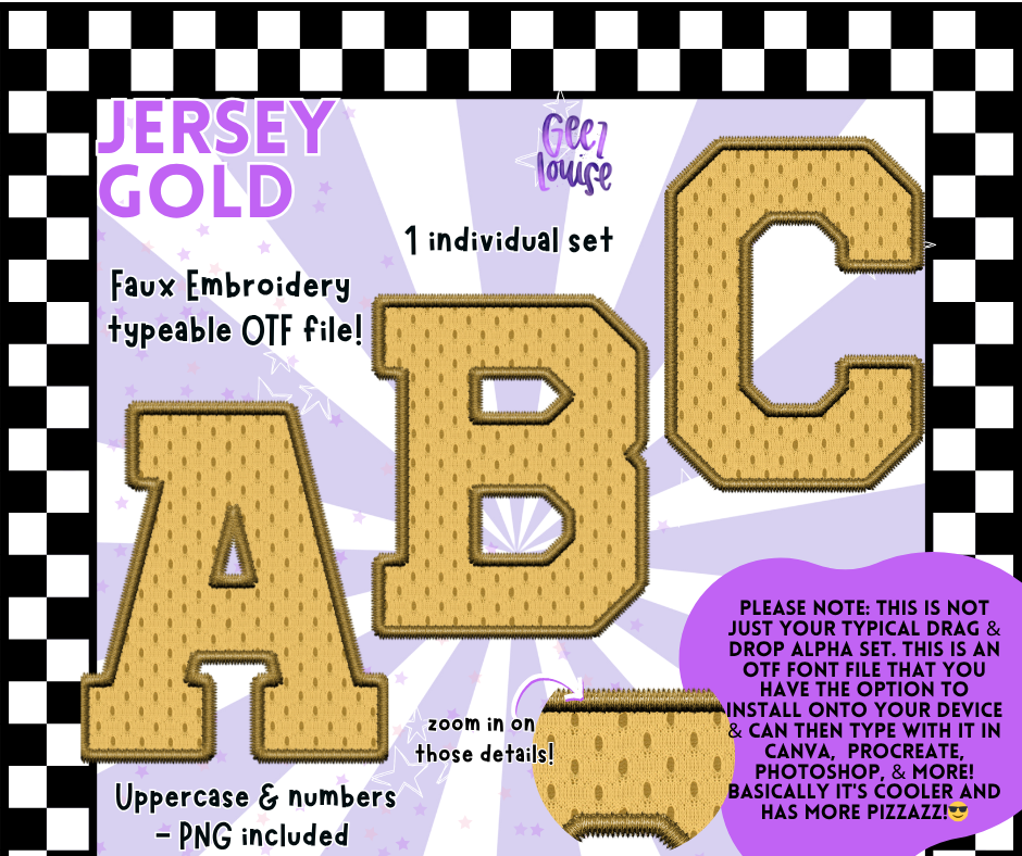 Jersey Faux Embroidery OTF Font – 22 Color Options | Typeable Alphabet with PNGs