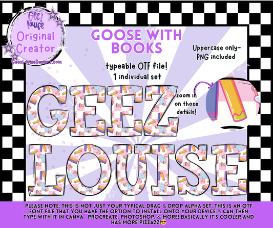 Goose with Books Typeable OTF Font + PNG Set