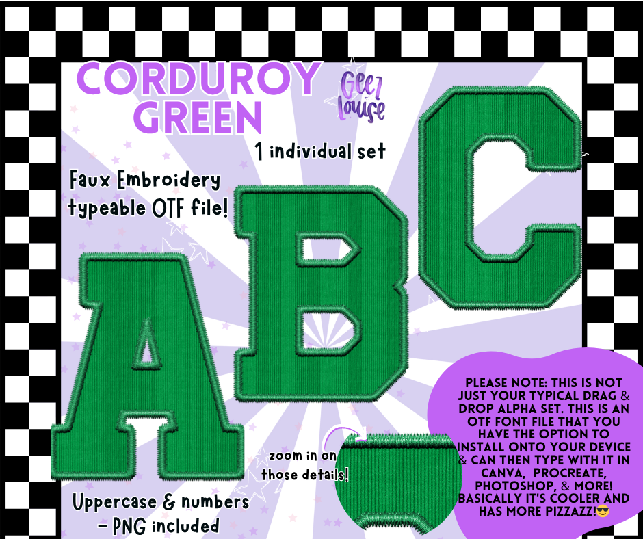 Corduroy Faux Embroidery Alpha – 21 Colors | OTF Font + PNG