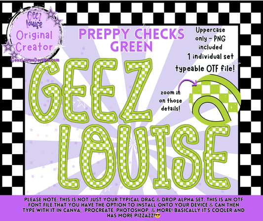 Preppy Checks Green Alpha Font | OTF & PNG Letters