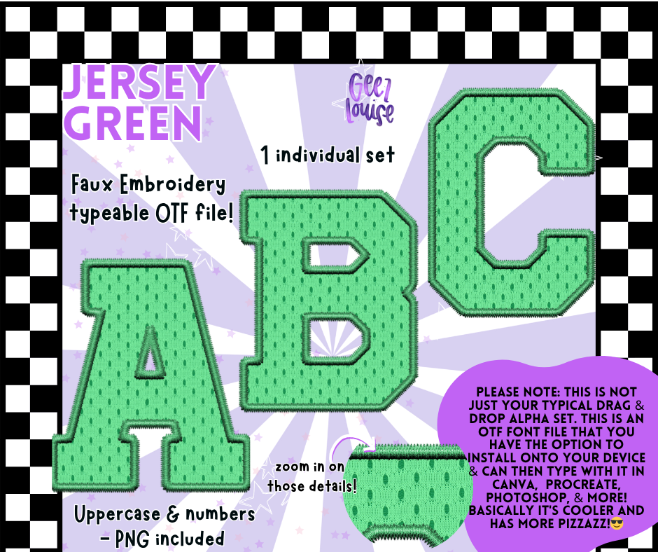 Jersey Faux Embroidery OTF Font – 22 Color Options | Typeable Alphabet with PNGs