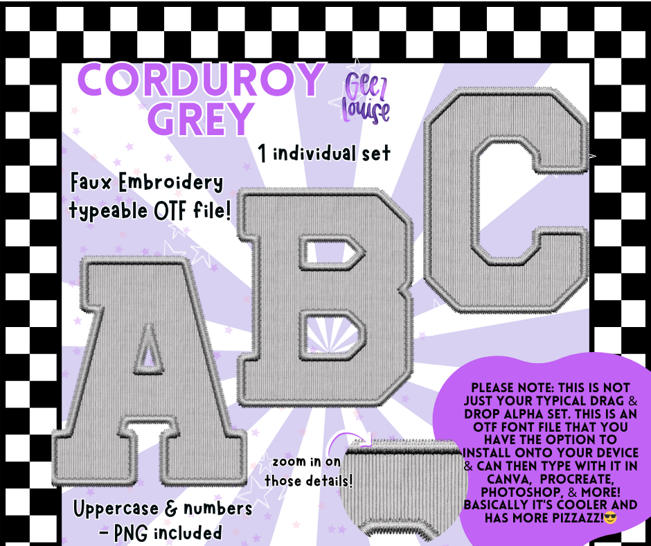 Corduroy Faux Embroidery Alpha – 21 Colors | OTF Font + PNG