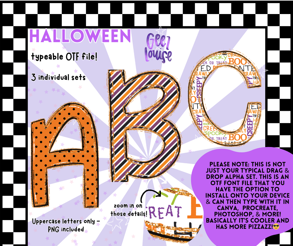 Halloween OTF Font & PNG Alpha Set – Spooky Words, Stripes & Dots (Uppercase)
