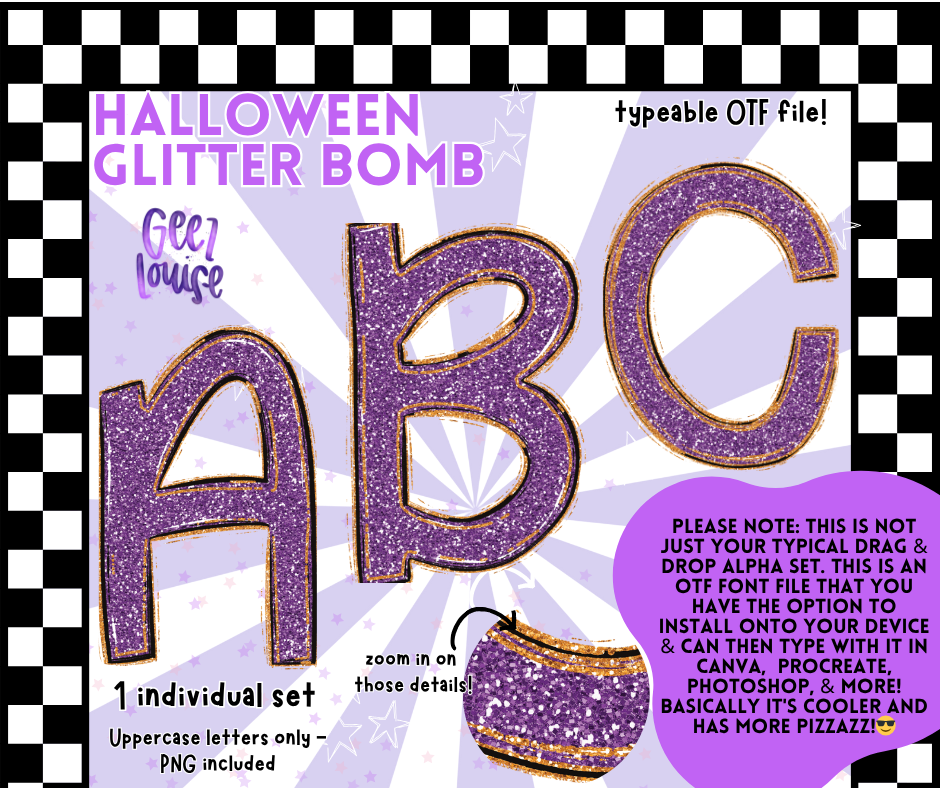 Halloween Glitter Bomb OTF Font – Purple Glitter Alpha with PNG Files