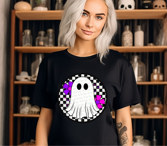 Ghost with neon flowers  and checkerboard Halloween - Digital Download- PNG