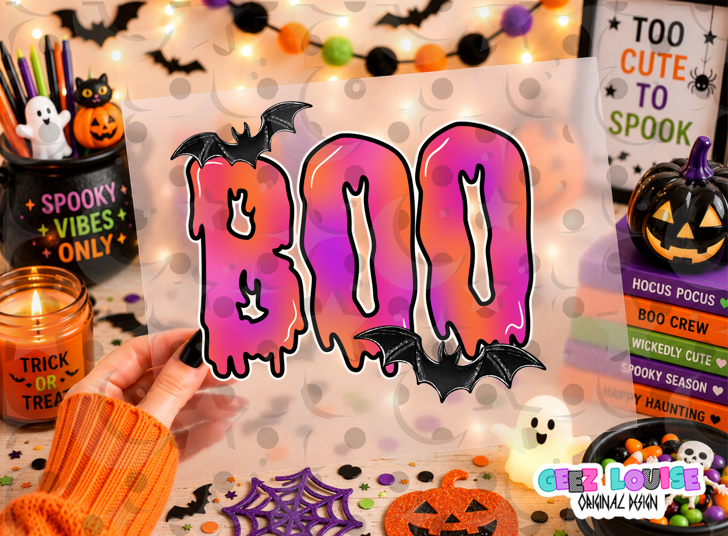 Boo Halloween PNG | Drippy Spooky Boo Sublimation Design | Pink Orange Halloween Ghost Letters | Bat PNG Download