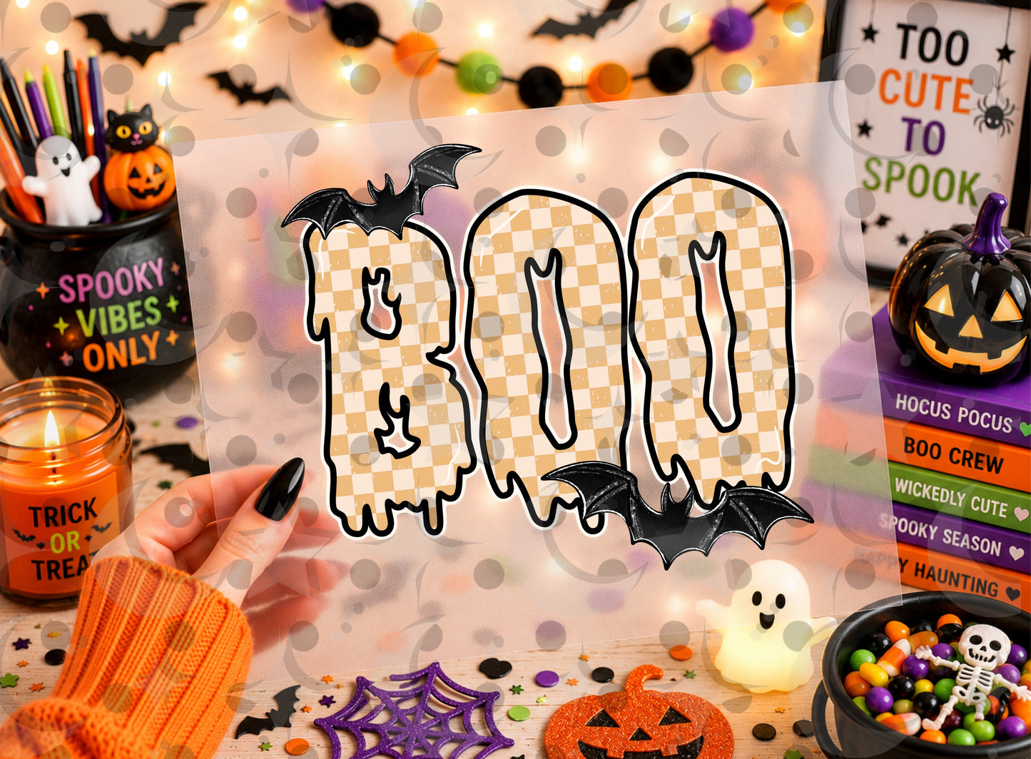 Boo PNG | Pastel Halloween Sublimation Design | Pink Purple Orange Checkerboard Digital Download | 4 Color Variants | August '26 Finished Design Drive