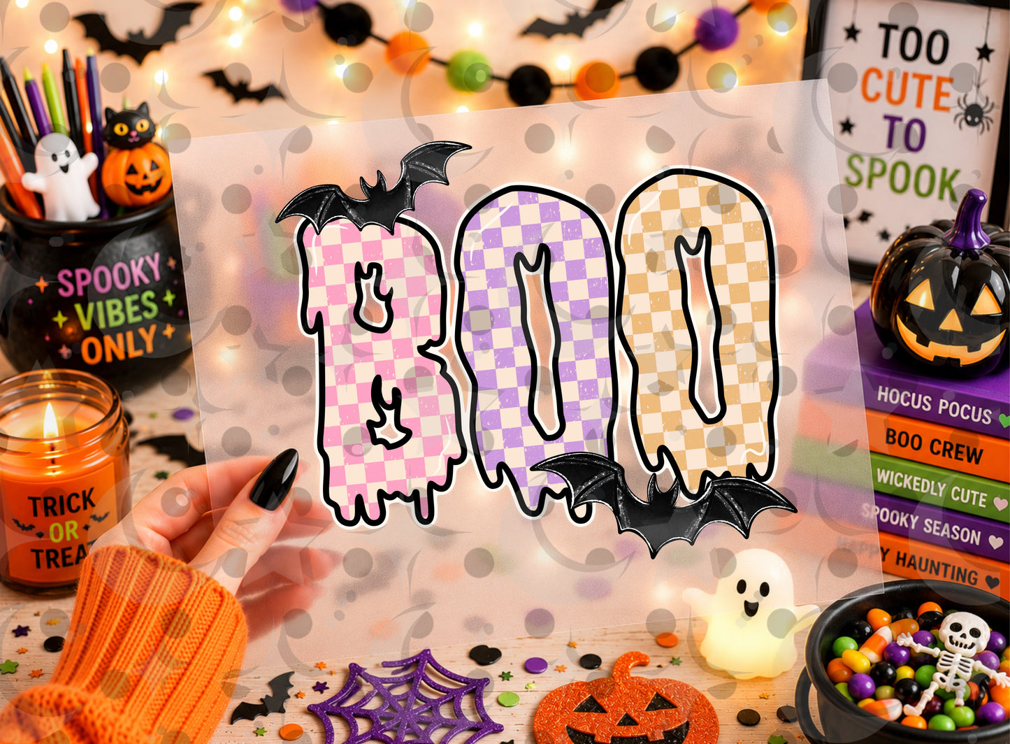 Boo PNG | Pastel Halloween Sublimation Design | Pink Purple Orange Checkerboard Digital Download | 4 Color Variants | August '26 Finished Design Drive