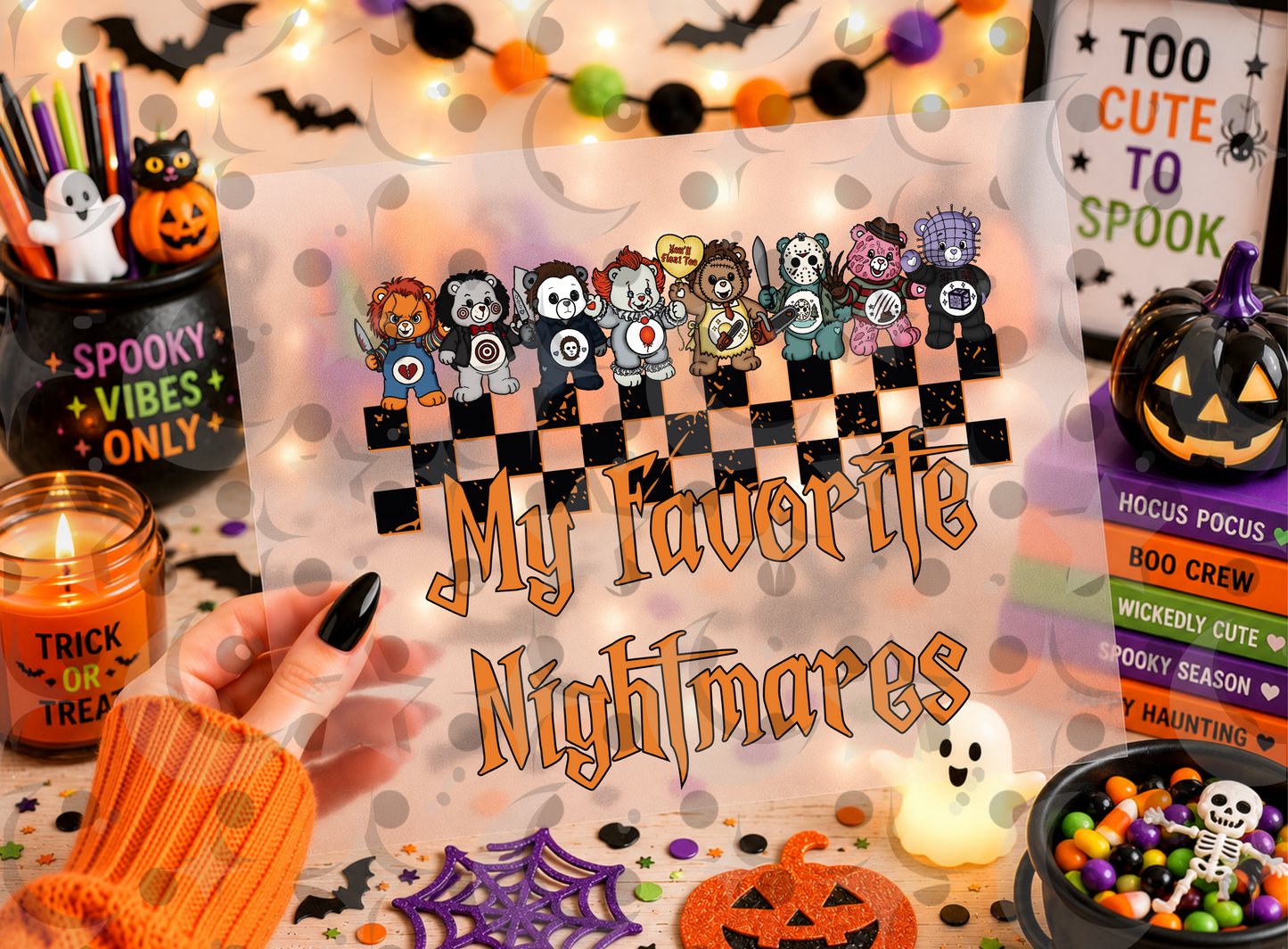 My Favorite Nightmares PNG | Horror Bear Halloween Shirt Design | Cute and Deadly Retro Checkerboard | July 26 No FOMO Drive
