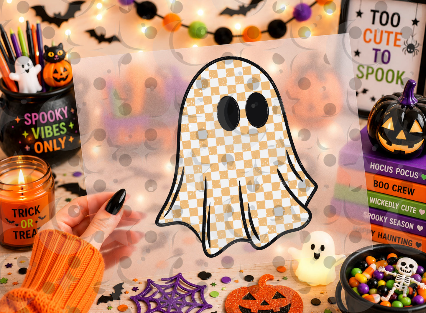 Cute Checkerboard Ghost PNG | Pastel Halloween Ghost Sublimation Design | Pink Purple Orange Digital Download | Choose 1 Color | August '26 Finished Design Drive