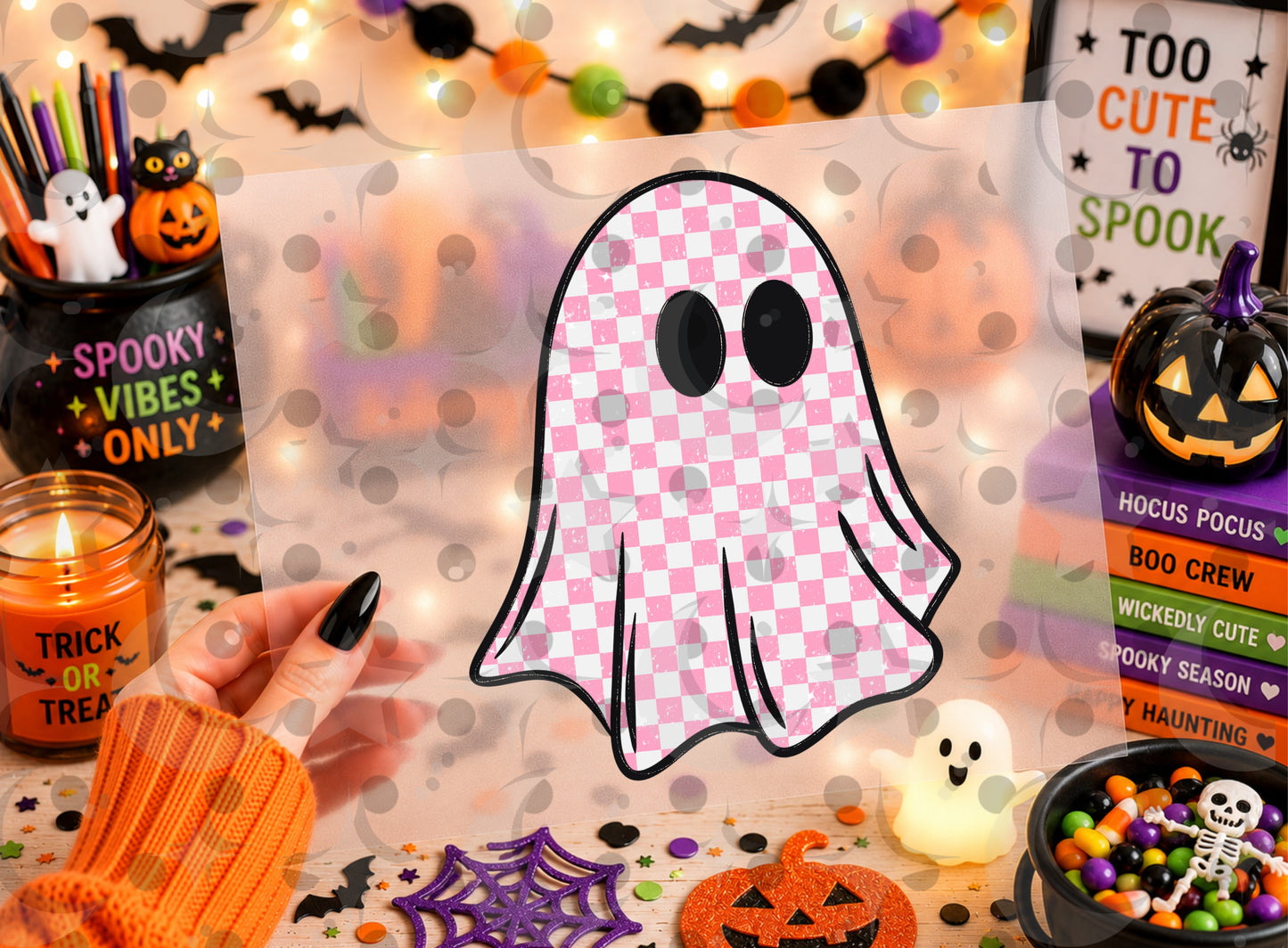 Cute Checkerboard Ghost PNG | Pastel Halloween Ghost Sublimation Design | Pink Purple Orange Digital Download | Choose 1 Color | August '26 Finished Design Drive
