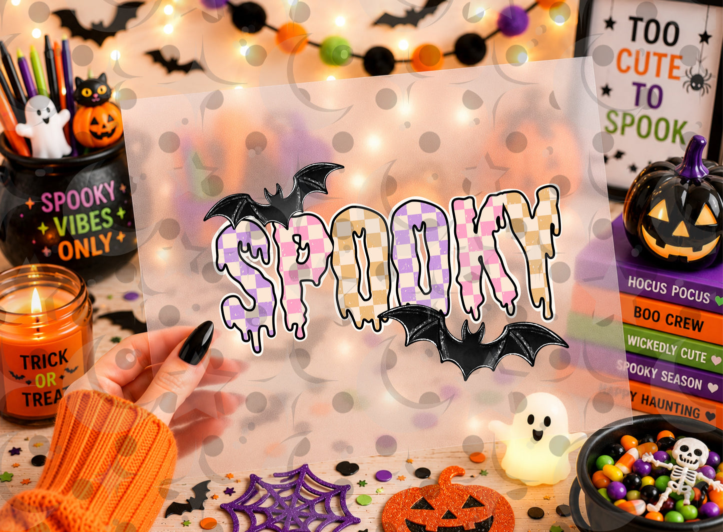 Spooky PNG | Pastel Halloween Sublimation Design | Pink Purple Orange Checkerboard Digital Download | Choose 1 Color | August '26 Finished Design Drive