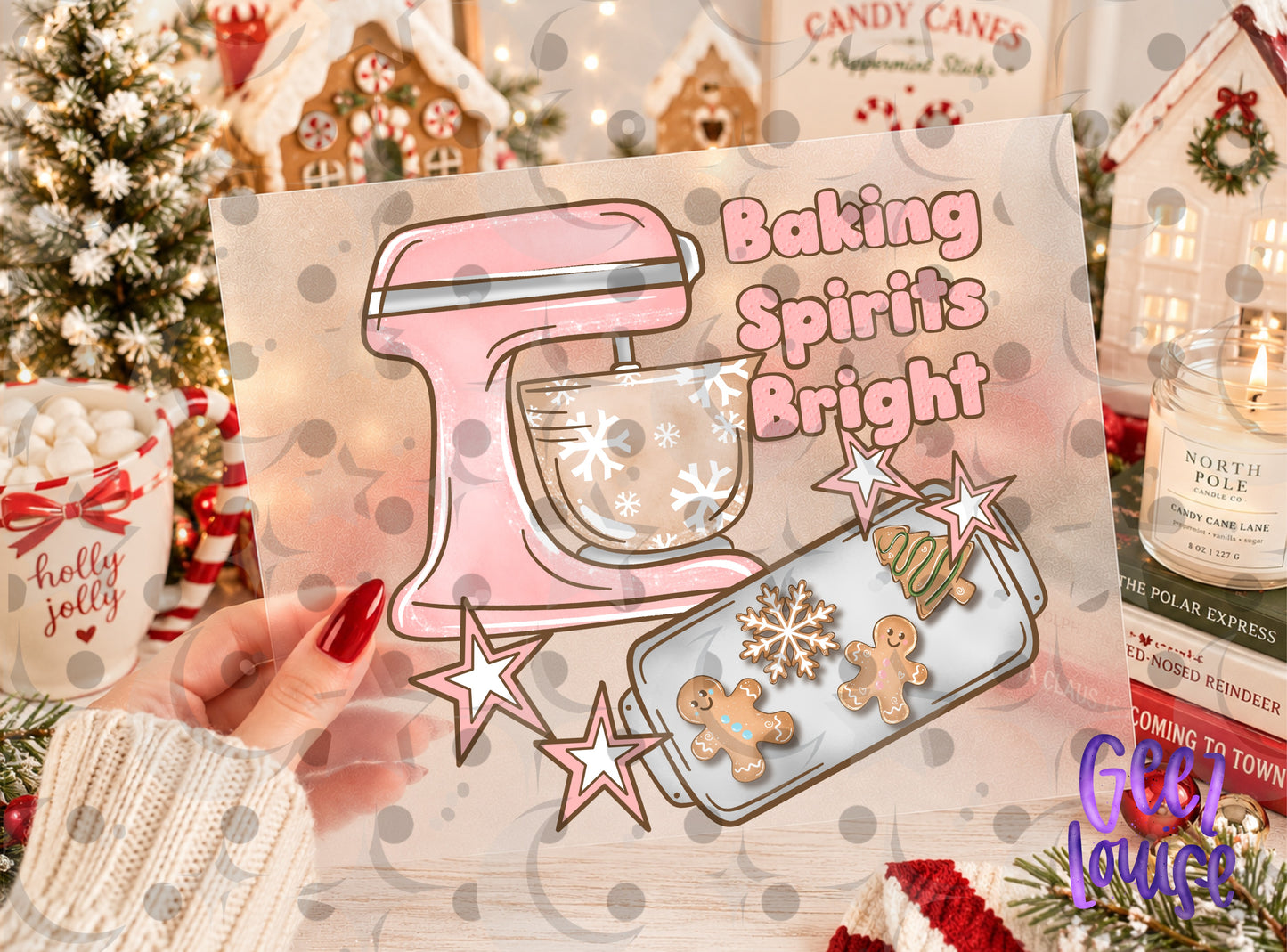Baking Spirits Bright PNG | Christmas Baking PNG | Pink Mixer Gingerbread Design