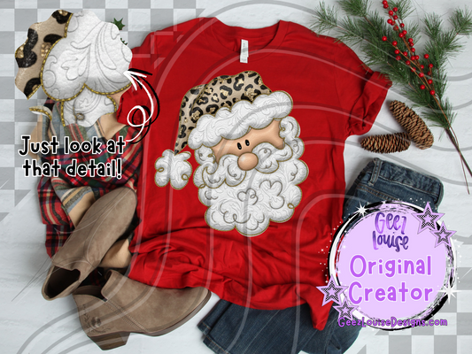 Leopard Santa Embossed Texture Digital Design | Glam Christmas Sublimation PNG | Detailed Beard & Hat