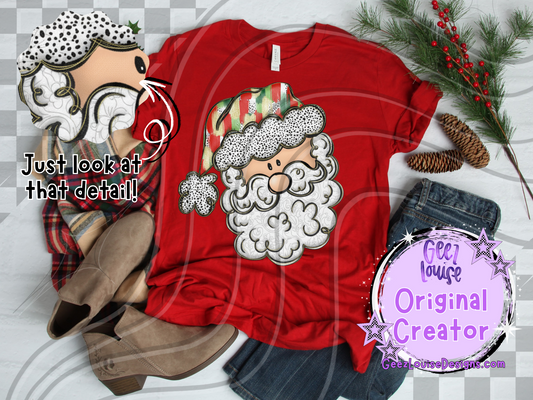 Detailed Patterned Santa Face Digital Design | Textured Beard & Hat | Christmas Sublimation PNG