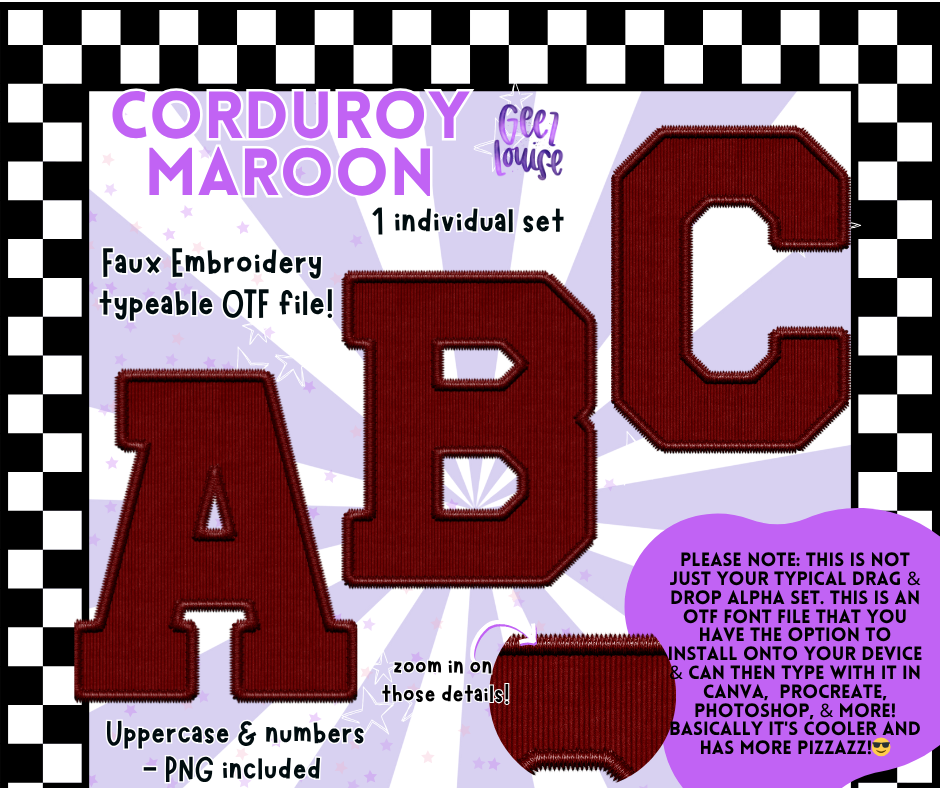 Corduroy Faux Embroidery Alpha – 21 Colors | OTF Font + PNG