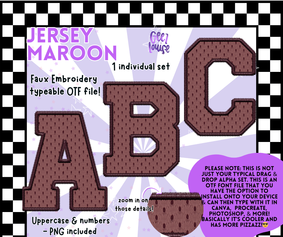 Jersey Faux Embroidery OTF Font – 22 Color Options | Typeable Alphabet with PNGs