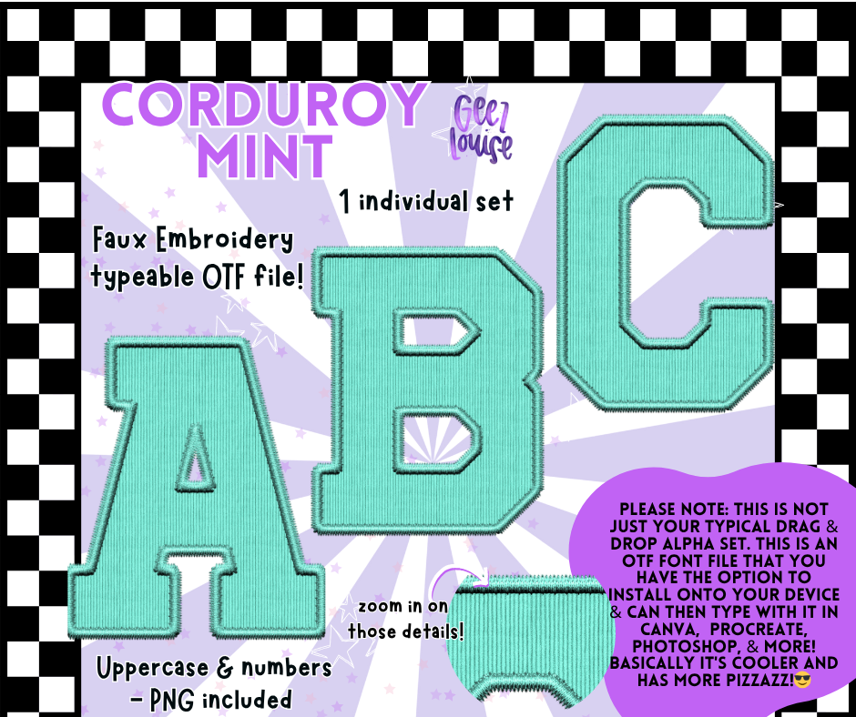 Corduroy Faux Embroidery Alpha – 21 Colors | OTF Font + PNG