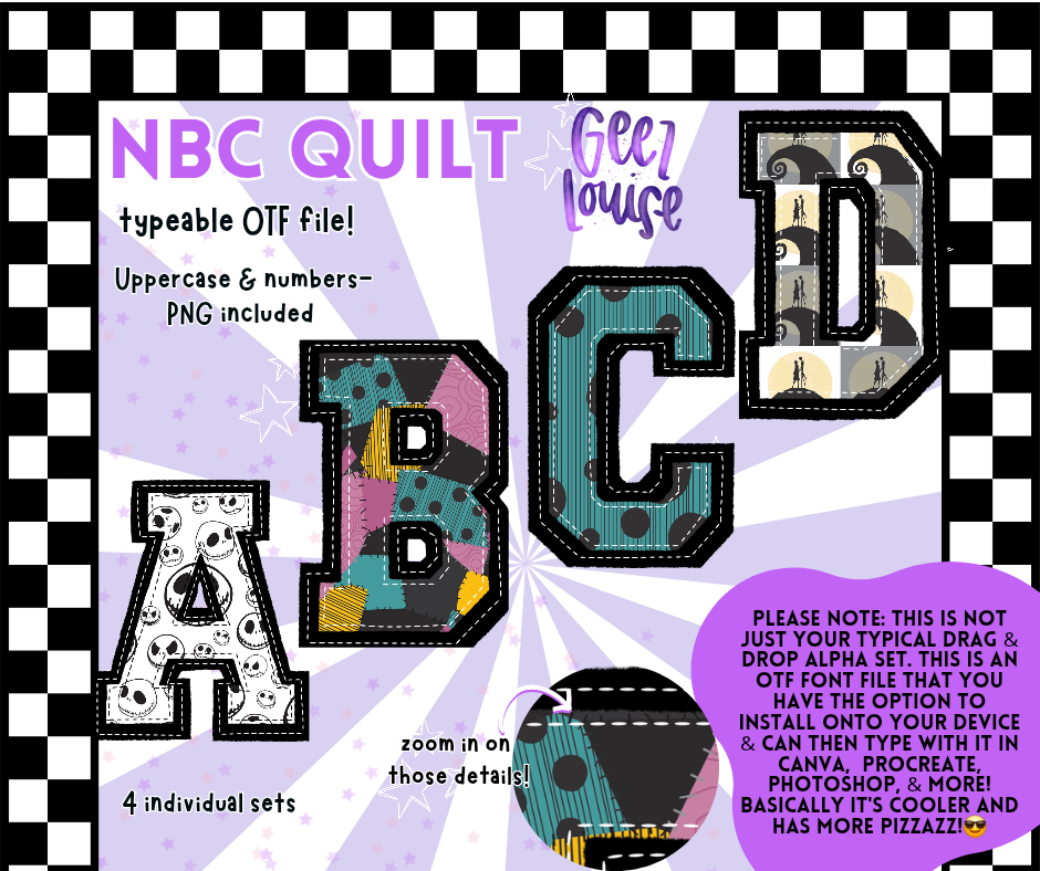 NBC Quilt – Nightmare-Inspired Patchwork OTF Alpha + PNGs (4 Font Sets!)