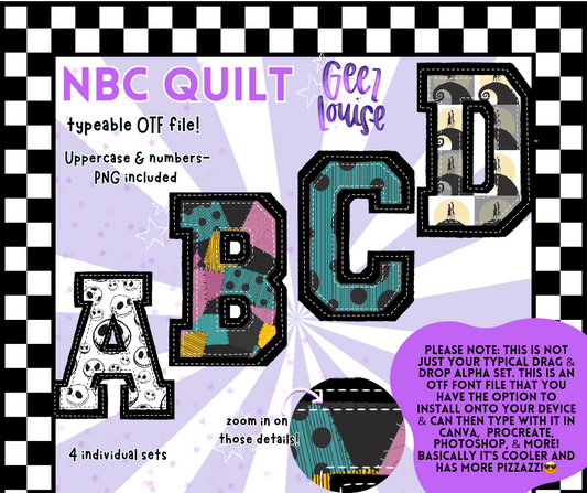 NBC Quilt – Nightmare-Inspired Patchwork OTF Alpha + PNGs (4 Font Sets!)