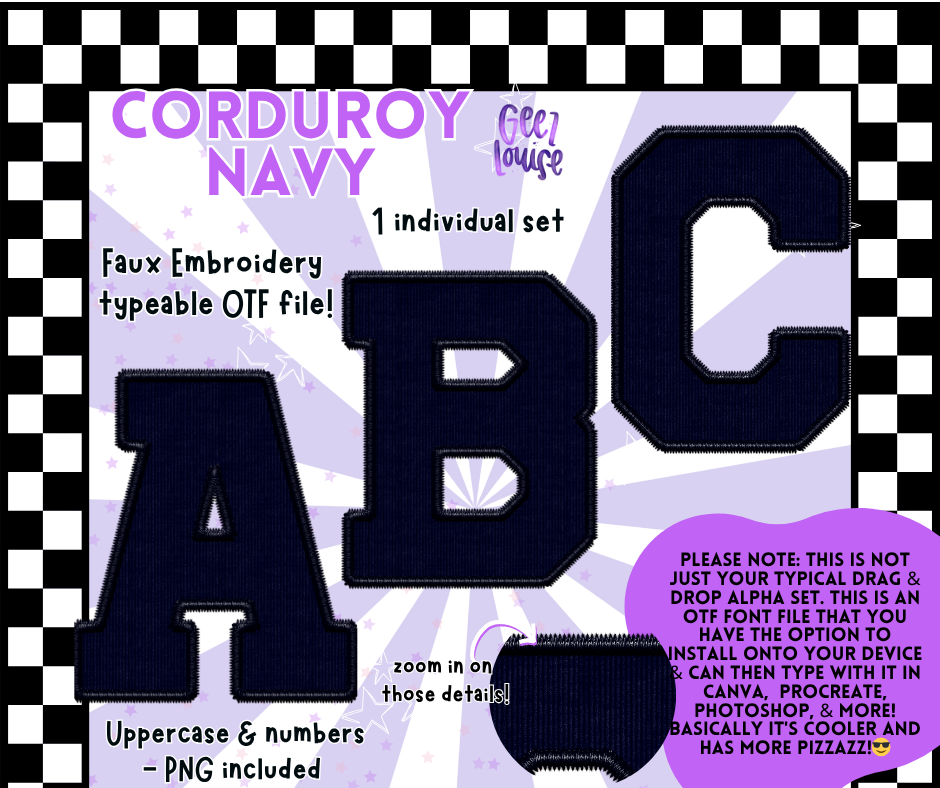 Corduroy Faux Embroidery Alpha – 21 Colors | OTF Font + PNG