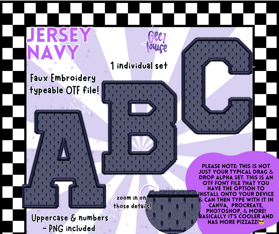 Jersey Faux Embroidery OTF Font – 22 Color Options | Typeable Alphabet with PNGs