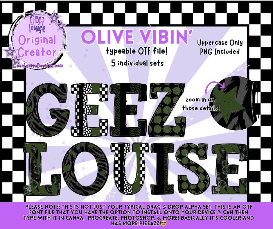 OLIVE VIBIN’ — Typeable OTF Alpha Font (5 Sets!) + PNGs