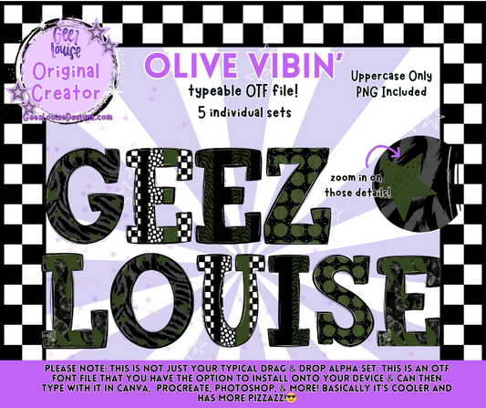 OLIVE VIBIN’ — Typeable OTF Alpha Font (5 Sets!) + PNGs