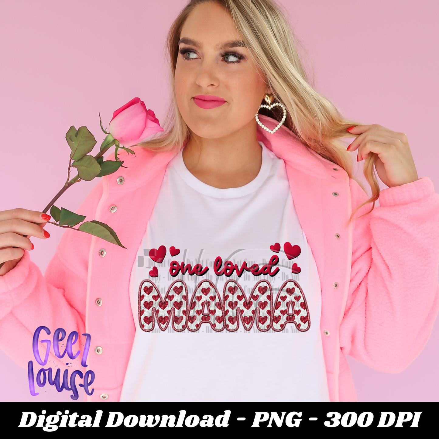 One loved Mama - faux sequin faux embroidery Valentines - Digital Download- PNG