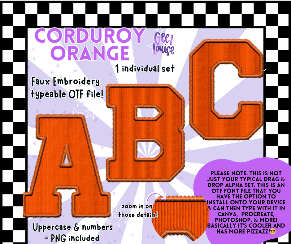 Corduroy Faux Embroidery Alpha – 21 Colors | OTF Font + PNG