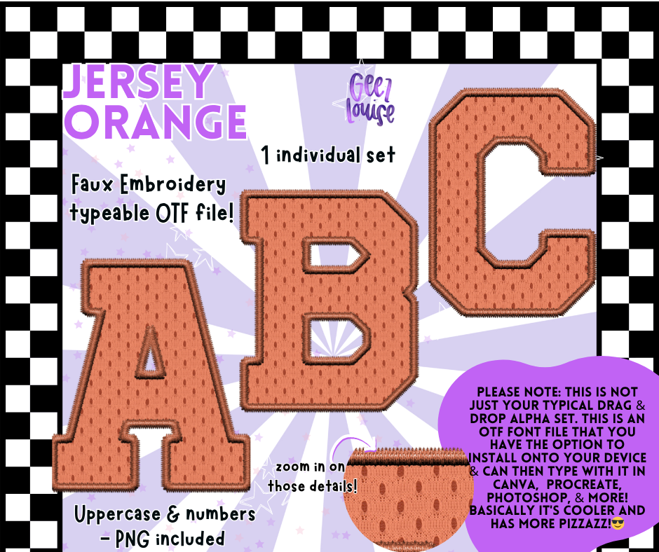Jersey Faux Embroidery OTF Font – 22 Color Options | Typeable Alphabet with PNGs