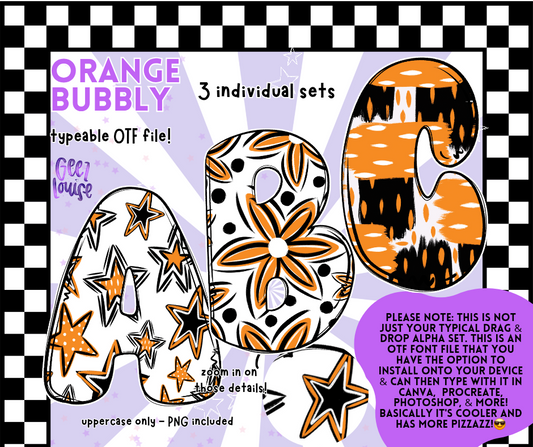 Orange Bubbly Alpha | OTF Font + PNG | 3-Set