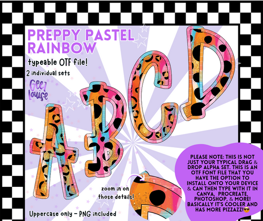 Preppy Pastel Rainbow Typeable OTF Alpha Font with PNGs | 2 Pattern Styles