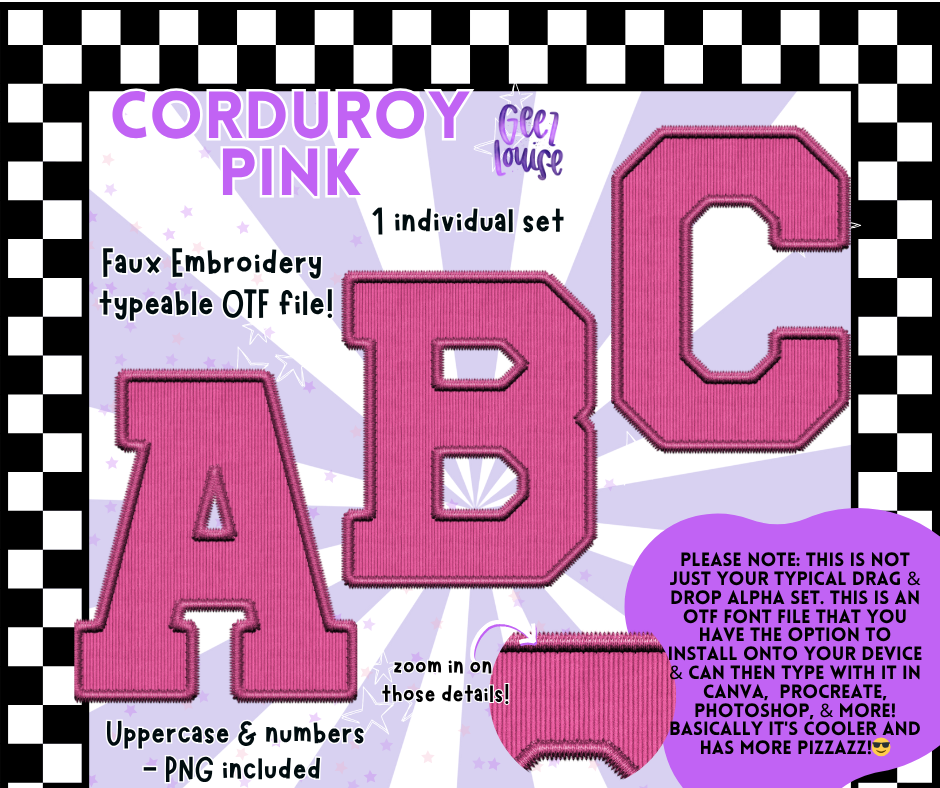 Corduroy Faux Embroidery Alpha – 21 Colors | OTF Font + PNG