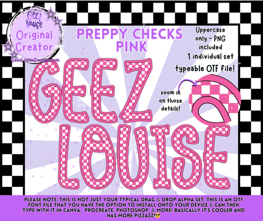 Preppy Checks Pink Alpha Font | OTF & PNG Letters