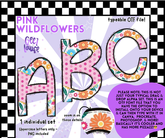 Pink Wildflowers OTF Font + PNG Alpha Set