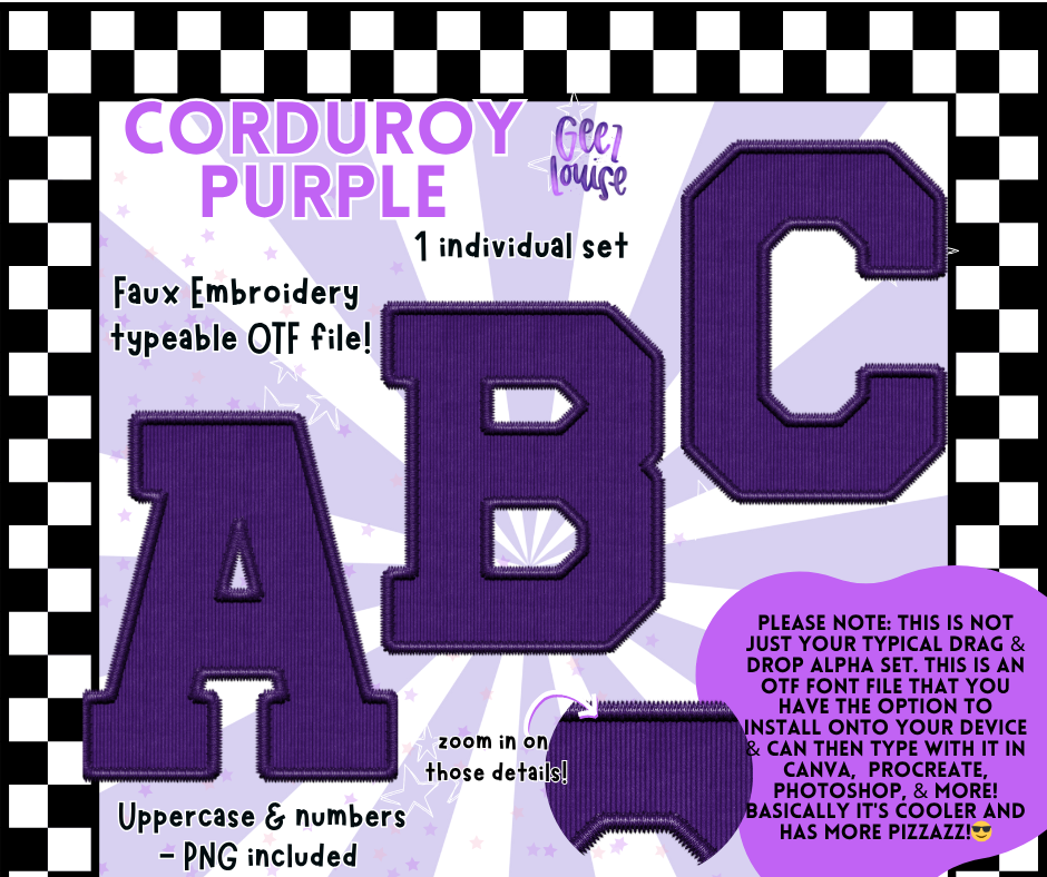 Corduroy Faux Embroidery Alpha – 21 Colors | OTF Font + PNG