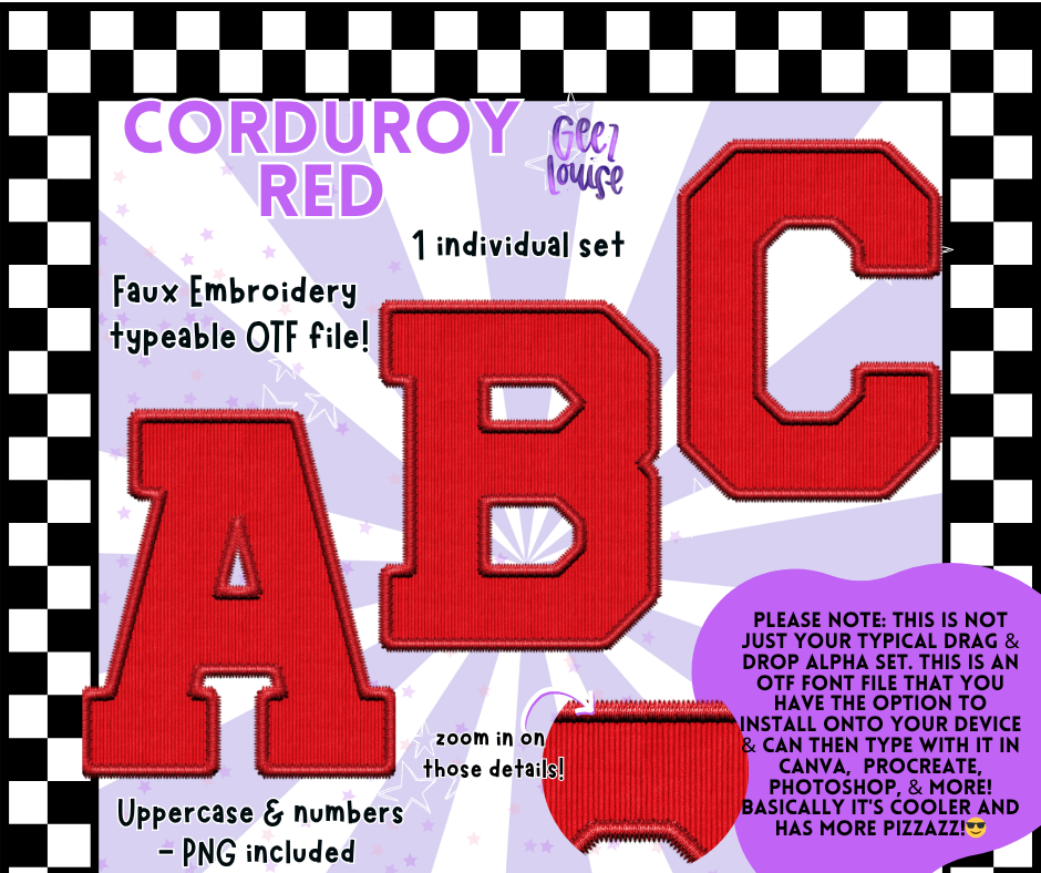 Corduroy Faux Embroidery Alpha – 21 Colors | OTF Font + PNG