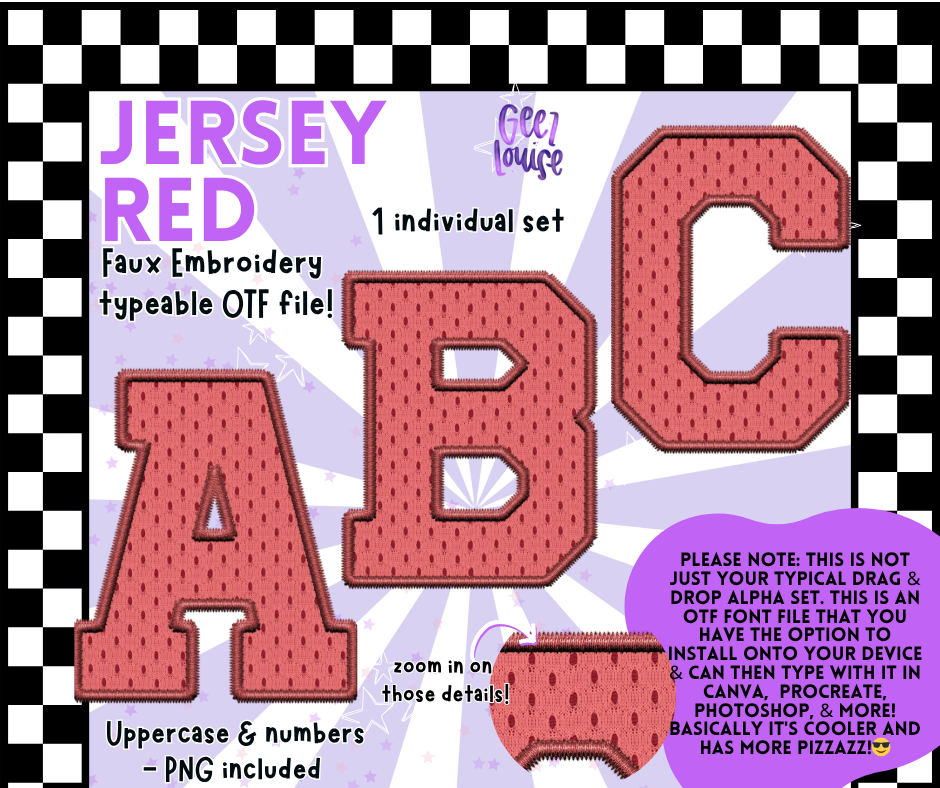 Jersey Faux Embroidery OTF Font – 22 Color Options | Typeable Alphabet with PNGs