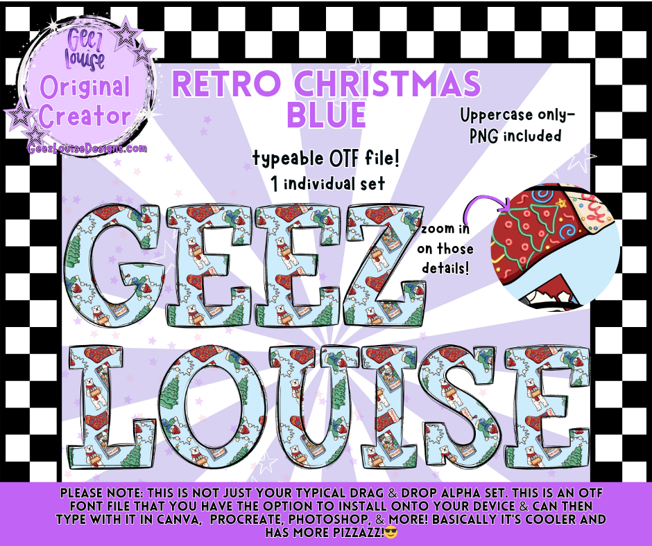 Retro Christmas Typeable OTF Font + PNG Set | Blue & Pink Variants