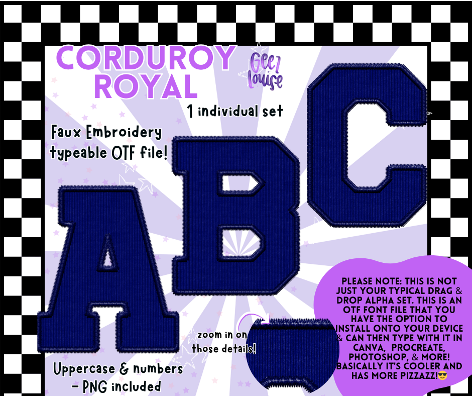 Corduroy Faux Embroidery Alpha – 21 Colors | OTF Font + PNG