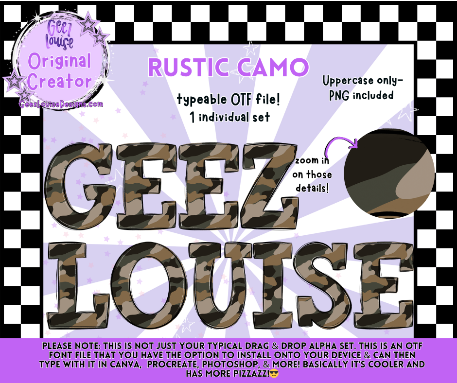 Rustic Camo Typeable OTF Font + PNG Set | Standard & Glitter Variants