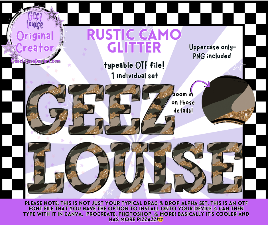 Rustic Camo Typeable OTF Font + PNG Set | Standard & Glitter Variants