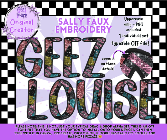Sally Faux Embroidery Alpha Font | OTF & PNG Letters