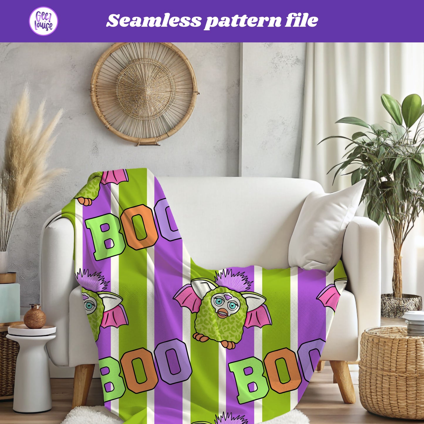 Boo Furbster Halloween Seamless Digital Paper | Retro Monster Stripe PNG Pattern | 300 DPI