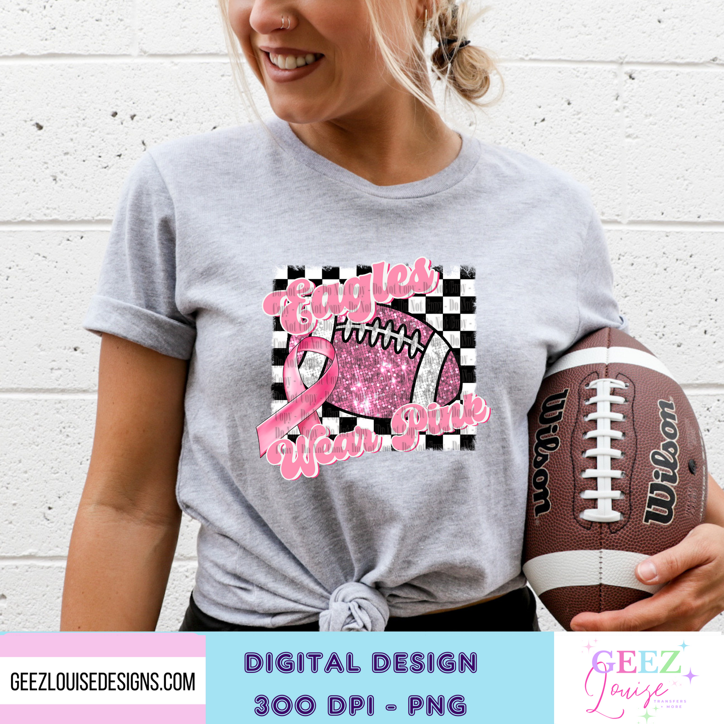 Breast Cancer Teams wear pink Checkerboard football - Digital Download- PNG