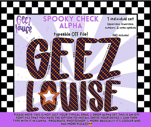Spooky Check Alpha Font OTF | Halloween Checker Alphabet PNG | Orange Purple Font | Typeable Font