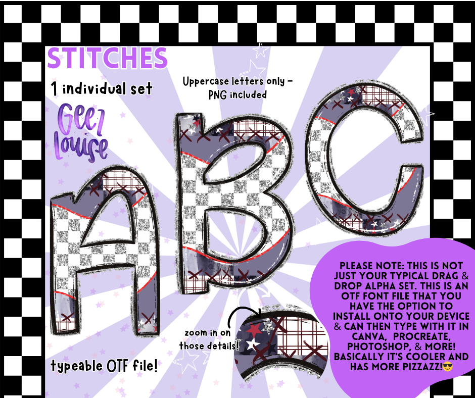 Stitches OTF Font + PNG Alpha Set